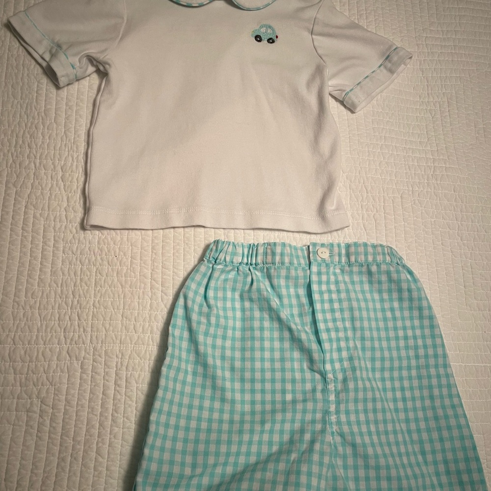 Toddler 2pc Outfit with Car Embroidery - White and Mint